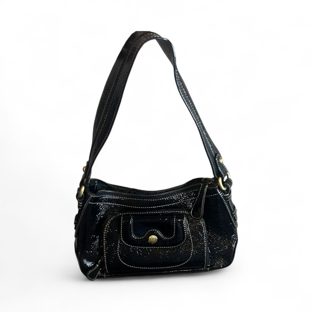 Perlina Black Patent Leather Shoulder Bag Purse White Stitching Gold Hardware